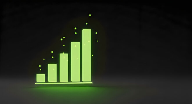 Glowing green bar chart on dark background with particles around bars
