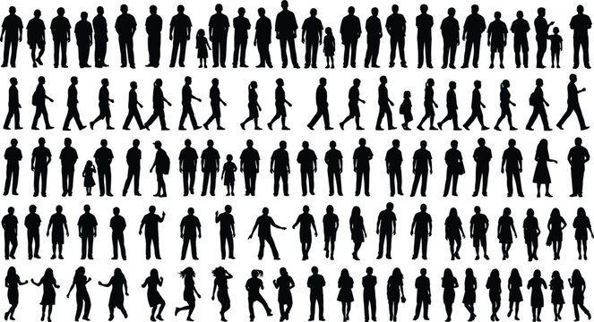 Large collection of black silhouettes featuring people group standing walking and dancing isolated on white background for diverse community business and social crowd projects.