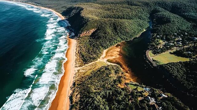 Aerial view of a coastline with ocean waves meeting a lush green forested area