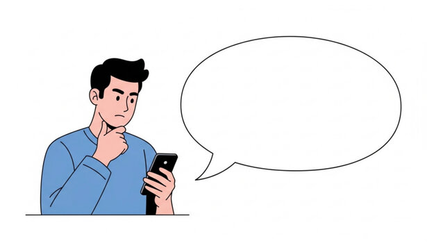 Mobile decision making man with smartphone vector illustration and speech bubble for text design