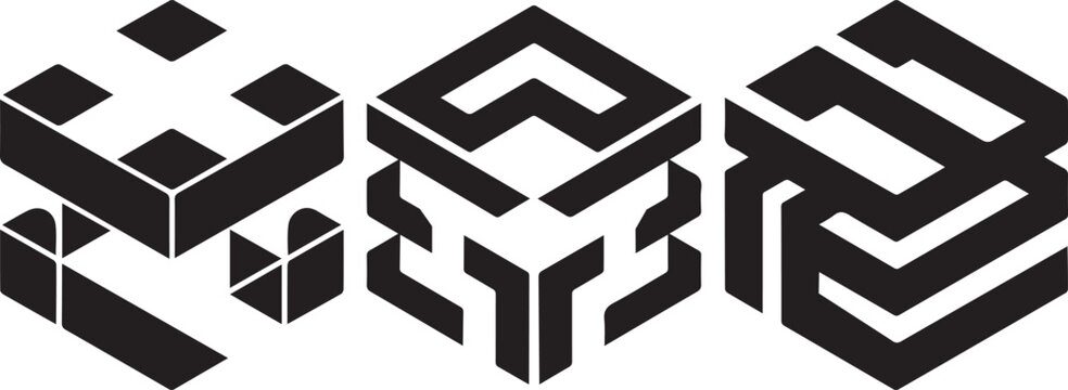Abstract black isometric cube logo icons with geometric line patterns for tech branding.