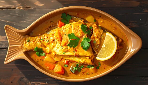A whole baked fish with vegetables and lemon on a plate