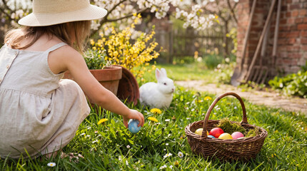 Little girl in a hat gently collects an Easter egg, with a white rabbit nearby in a vibrant spring garden.