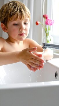 A young boy washing his hands under a faucet