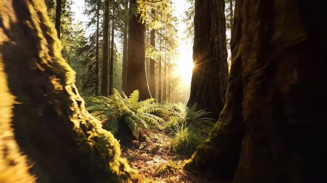 Serene forest landscape with sunlight filtering.