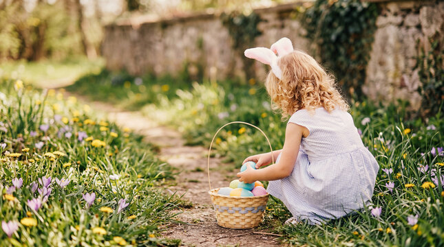 Adorable young child with bunny ears collecting vibrant Easter eggs in a charming spring garden.
