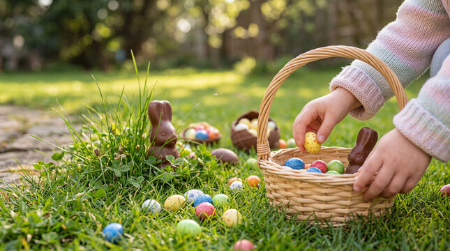 Child's hands placing a colorful yellow Easter egg into a woven basket during a sunny outdoor hunt in the garden.