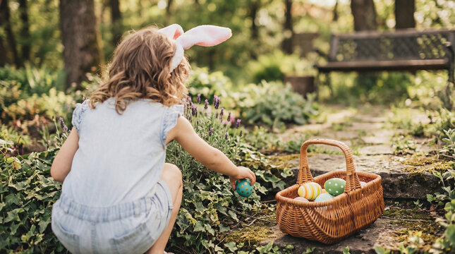 Young child with pink bunny ears collecting a colorful Easter egg into a basket on a mossy garden path.