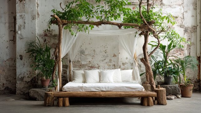 Rustic canopy bed with plants serene interior design and relaxation concept