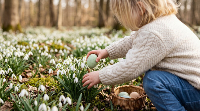 Blonde toddler in a cream sweater carefully collecting speckled green Easter egg from a field of white snowdrops.