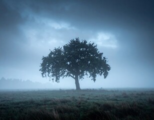 Obraz premium A lone tree stands in a misty field under a stormy sky