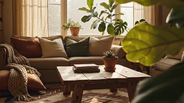 Cozy living room with sunlit seating and houseplants draped in warm diffuse light