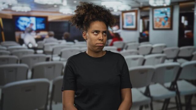Woman rolls eyes while seated among rows of folding chairs and framed artworks in an art gallery building, wearing a black tshirt and looking upward; annoyance.
