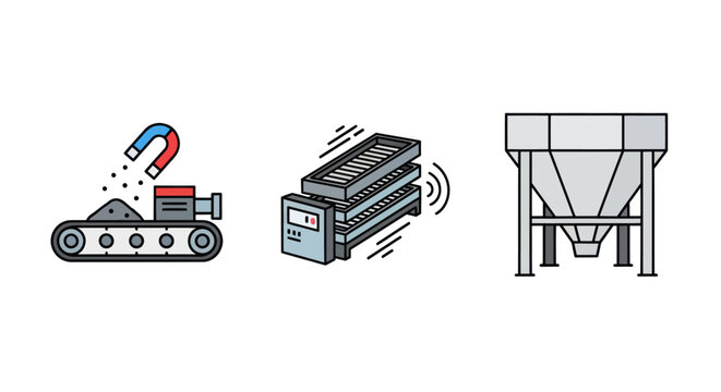 Industrial Processing Equipment Icons: Magnet, Sieve, Silo