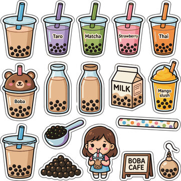 Cute Boba Milk Tea Vector Sticker. Chubby bubble tea cup with tapioca pearls isolated.