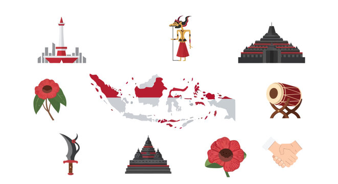 Indonesia Culture Icons: Map, Landmarks, Wayang, Kris, Flowers, Handshake