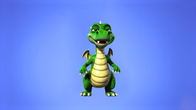 An adorable 3D animated green dragon with small wings performing a cheerful dance on a solid blue backdrop. Great for fairytale storytelling, children&rsquo;s mobile games, and magical fantasy content.