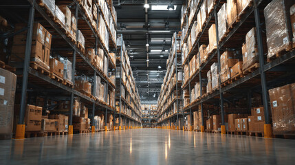 Fototapeta premium Large industrial warehouse interior full of storage racks and cardboard boxes for global logistics, shipping, and distribution operations- 3D rendering&nbsp;