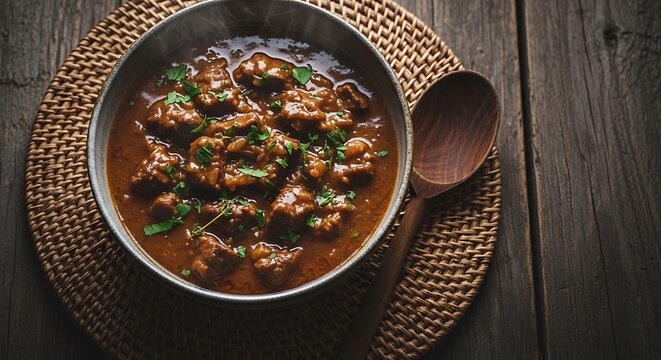 Hearty meat stew in bowl on wicker mat, wooden table background
