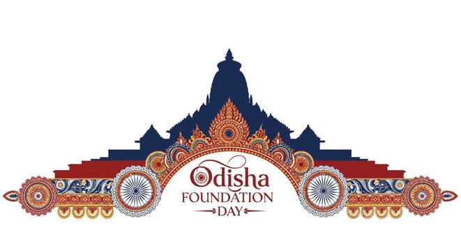 Vector illustration of Odisha Foundation Day celebration with traditional Indian temple architecture and colorful decorative elements on a white background.