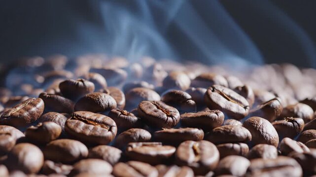 A close-up view of roasted coffee beans emitting smoke on a dark surface indoors.