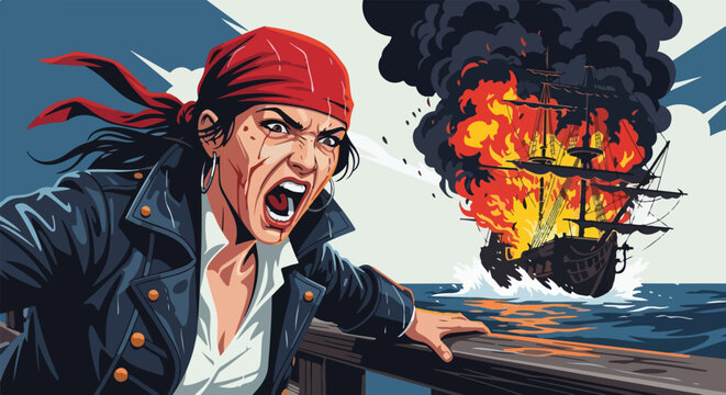 A determined woman wearing a red bandana reacts dramatically while standing on a ship amidst a fiery vessel sinking in the turbulent water.