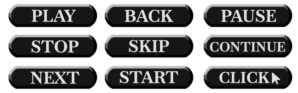 Elegant Black Glossy 3D Media Control Text Button Set with Play Back Pause Stop Skip Continue Next Start Click Labels, Minimal Luxury Rounded UI Elements, Professional Interface Design, Isolated 