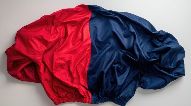 reversible. A reversible jacket lying on a plain surface, one side blue and the other red. lifestyle magazines, social media lookbooks, designed for lifestyle magazines and social media content.