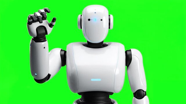 Detailed 3D animation of a sleek white android robot standing and gesturing with its right hand. isolated on chroma key, perfect for tech explainers, bionic presentations, and b-roll for robotics, eng