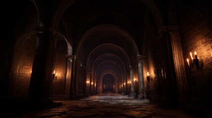 Obraz premium First-person view inside a gothic medieval castle with torch-lit corridors, high arches, old stone textures, dramatic cinematic lighting, immersive eerie 3D interior