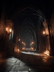 Obraz premium First-person view inside a gothic medieval castle with torch-lit corridors, high arches, old stone textures, dramatic cinematic lighting, immersive eerie 3D interior