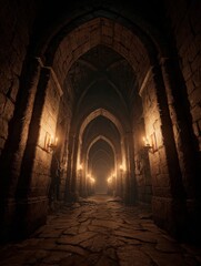 Obraz premium First-person view inside a gothic medieval castle with torch-lit corridors, high arches, old stone textures, dramatic cinematic lighting, immersive eerie 3D interior