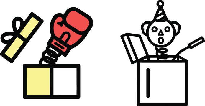 Surprise prank boxes with boxing glove on spring and clown jack in the box