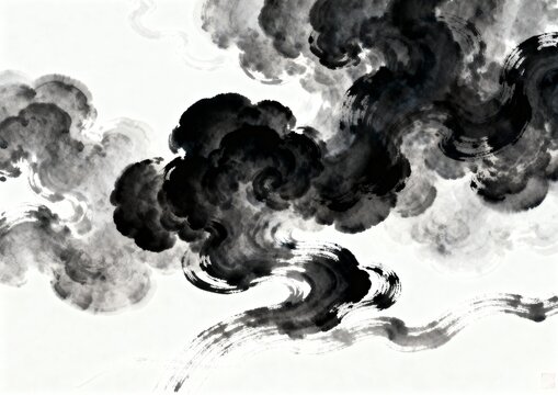 Ink wash painting of black clouds on white background