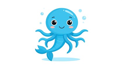 Fototapeta premium A happy aquatic creature with a round head, expressive eyes, and eight waving appendages, some with a fin-like ending. Bubbles float around it