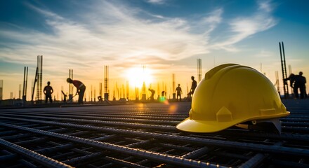 Obraz premium Construction site at sunset with workers and a yellow hard hat
