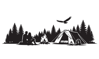 Obraz premium Camping Silhouette Vector, Couple Campfire Forest Tent Outdoor Adventure Black Illustration