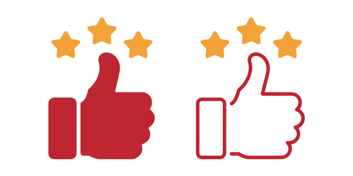 Two thumbs up icons with three yellow stars representing high customer satisfaction and feedback Vector