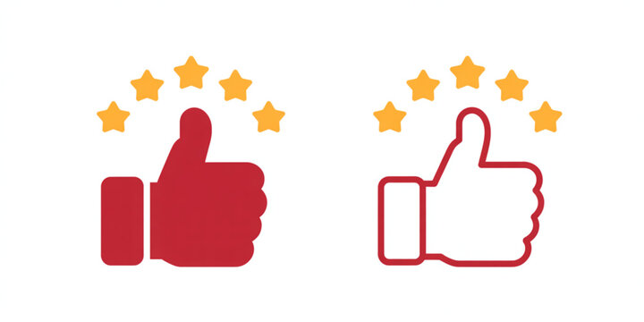 Two thumbs up icons with five yellow stars representing high satisfaction and positive feedback Vector