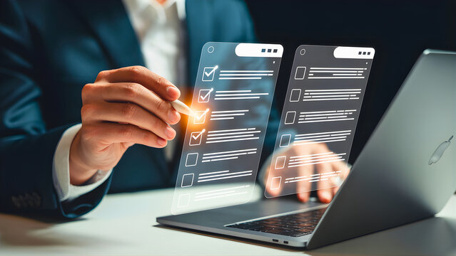 Digital Assessment: A modern individual, hands-on, is meticulously evaluating digital checklist, employing a digital pen, while working in an office with a laptop.
