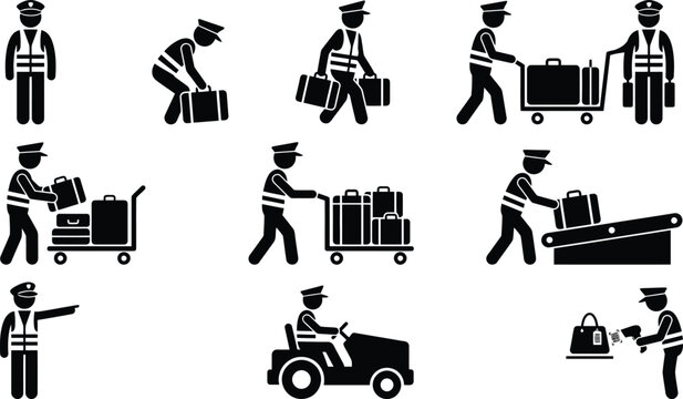 Conjunto de pictogramas de funcion&aacute;rios do aeroporto manuseando bagagem e realizando tarefas de transporte.