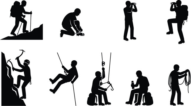 Silhuetas de pessoas praticando montanhismo, escalada, caminhada e outras atividades ao ar livre, com equipamentos.
