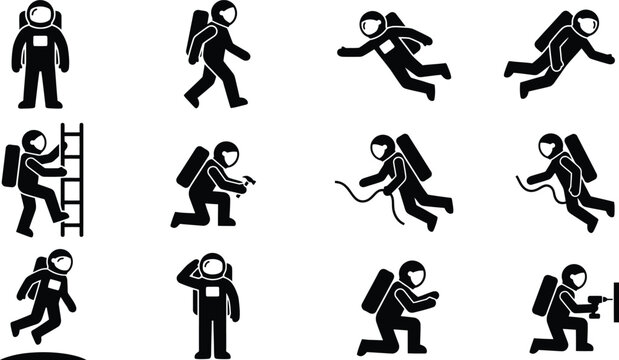 Ilustra&ccedil;&otilde;es vetoriais de astronautas em diversas atividades e poses no espa&ccedil;o, representando explora&ccedil;&atilde;o espacial.