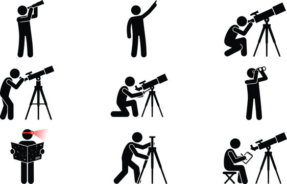 Pessoas observando estrelas e paisagens com telesc&oacute;pios e bin&oacute;culos, explorando o c&eacute;u noturno e o ambiente.