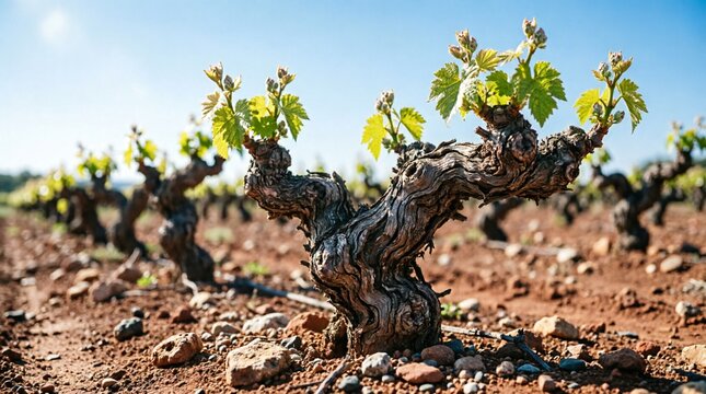 Old gnarled grapevine trunk with fresh green spring leaves growing in rocky red soil. Traditional Mediterranean vineyard with rows of weathered vines under blue sky, agricultural landscape.