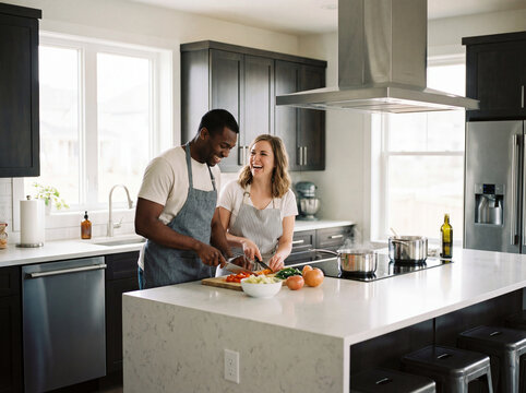 Mixed Race Couple Cooking Dinner Together in Modern Kitchen Authentic