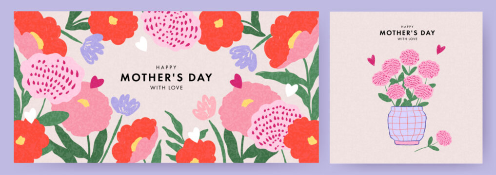 Mother's Day card. Trendy banner, poster, flyer, label or cover with flowers frame, abstract floral pattern in mid century art style. Spring summer bright abstract floral design template for ads promo