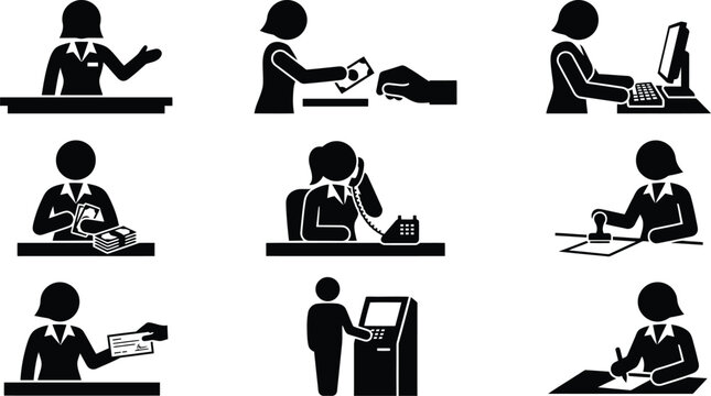 Ilustra&ccedil;&otilde;es de figuras de palito de mulheres realizando diversas tarefas de escrit&oacute;rio, banc&aacute;rias e administrativas.