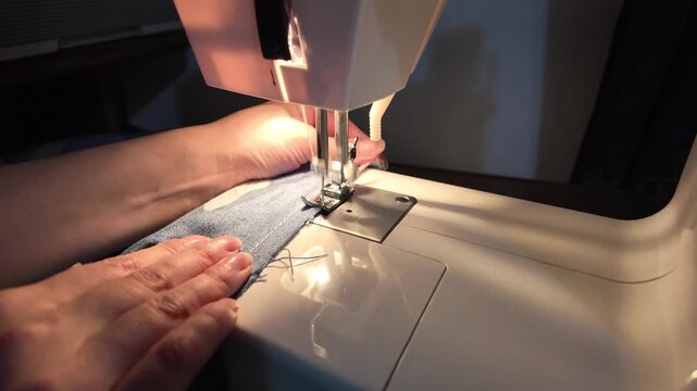 Slow motion video of crafting a fabric using the sewing machine at home
