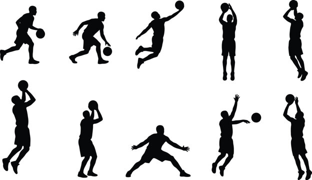 Silhuetas de jogadores de basquete em diversas poses de a&ccedil;&atilde;o, incluindo dribles, arremessos e saltos, em um fundo branco.